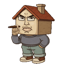 Chudhouse mascot - a grumpy house with a face and cigar